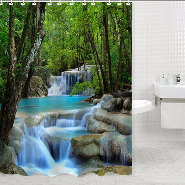 HOT 3D Waterfall Bathroom Shower Curtain With Hooks